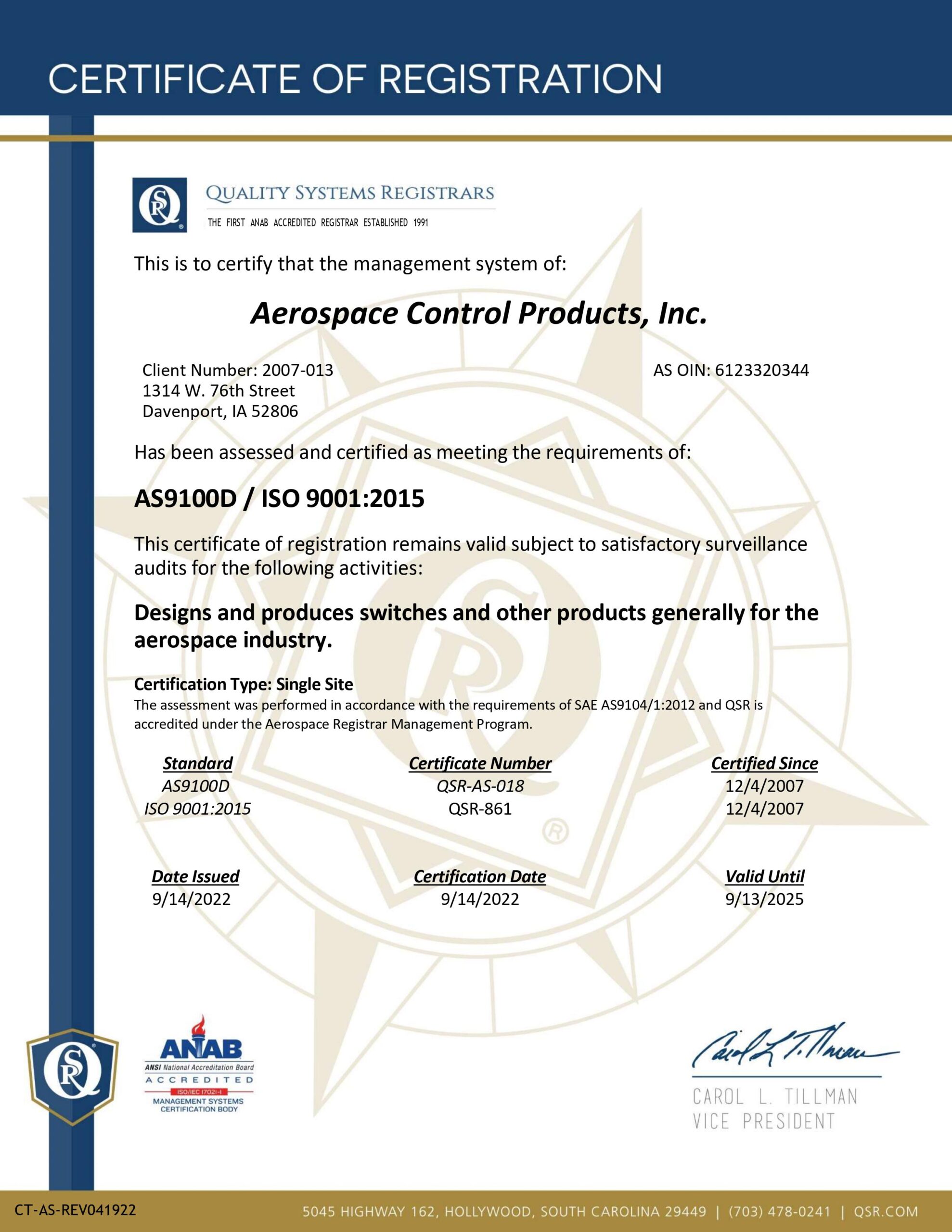 AS9100D & ISO 9001:2015 Certificate